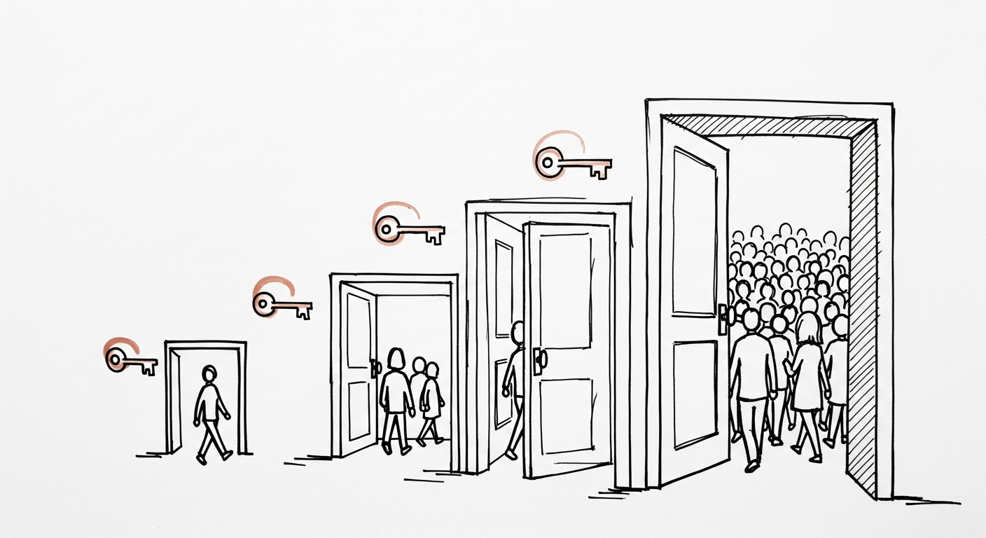 Whiteboard sketch: three doors of different sizes, one person, a small team, and a whole crowd each finding a way in.