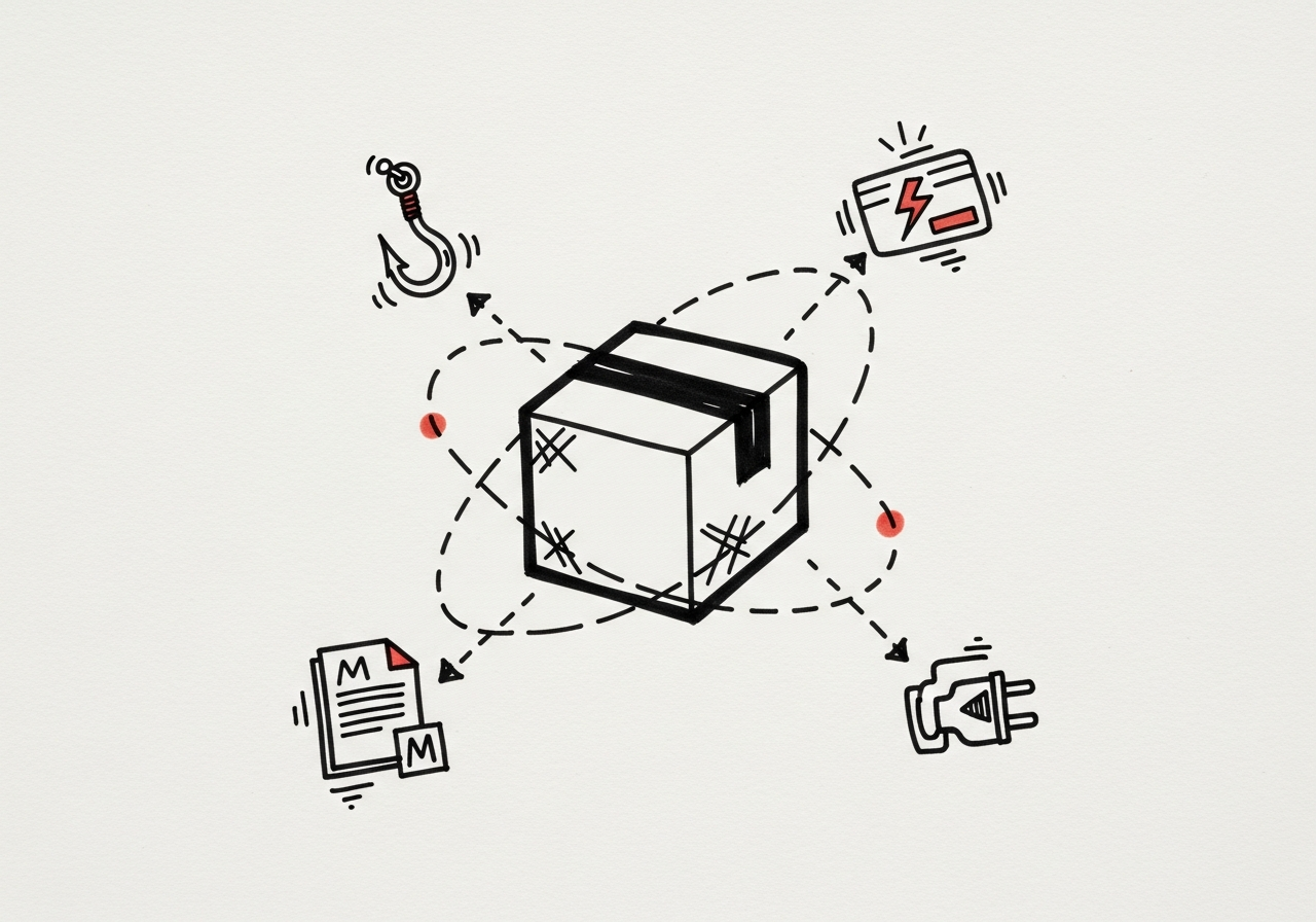 Whiteboard sketch: a central boxed tool orbited by four connected icons: a hook, a skill card, a CLAUDE.md doc, and an MCP plug.
